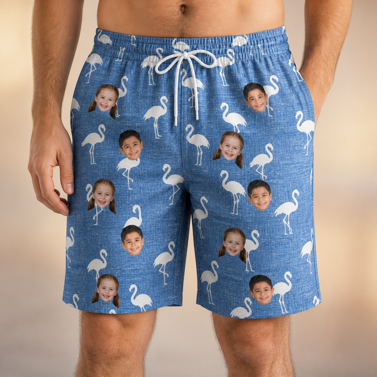 Model wearing Men's Plume Parade Custom Face Beach Shorts printed with kids' faces
