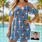 Woman wearing Women's Plume Parade Custom Face Off-Shoulder Dress — custom faces printed all-over
