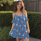 Real-life photo of someone wearing Women's Plume Parade Custom Face Off-Shoulder Dress — custom faces printed all-over