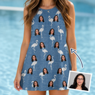 Woman wearing Women's Plume Parade Custom Face Tank Dress — custom faces printed all-over