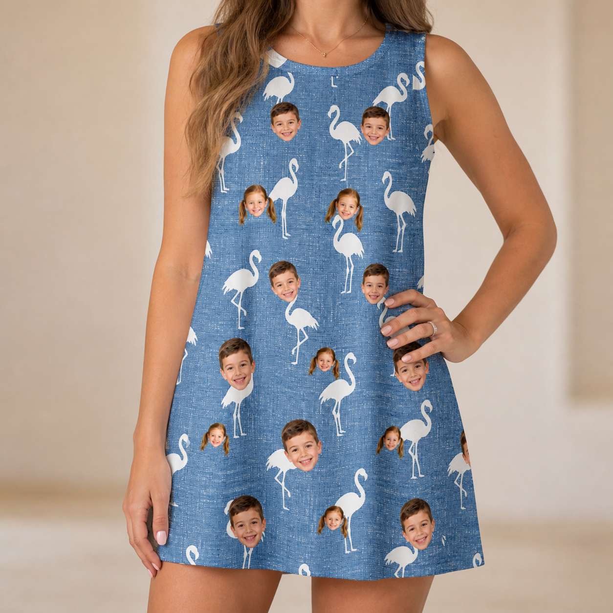 Model wearing Women's Plume Parade Custom Face Tank Dress printed with kids' faces