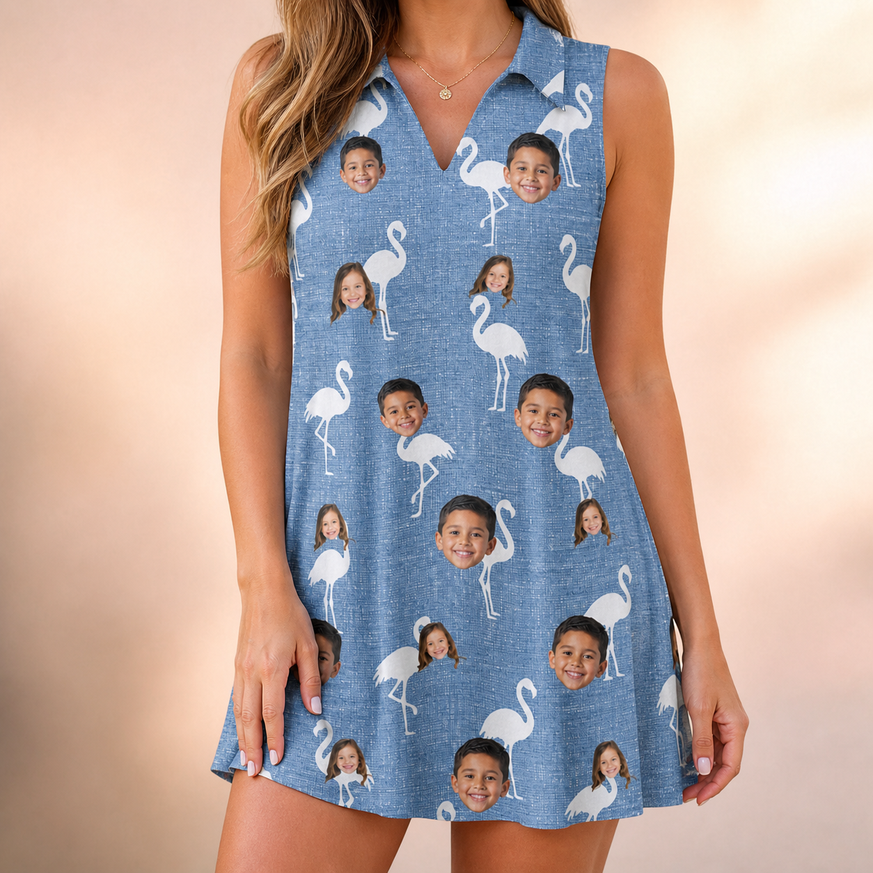 Model wearing Women's Plume Parade Custom Face V-Neck Dress printed with kids' faces