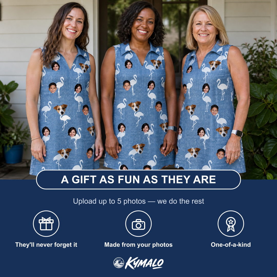 Friends in matching Women's Plume Parade Custom Face V-Neck Dress — a group gift photo