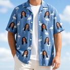 Man wearing Men's Plume Parade Custom Face Hawaiian Shirt open over a white tee