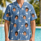 Model wearing Men's Plume Parade Custom Face Hawaiian Shirt printed with kids' faces