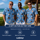Friends in matching Men's Plume Parade Custom Face Hawaiian Shirt — a group gift photo