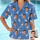 Woman wearing Women's Plume Parade Custom Face Hawaiian Shirt — custom faces printed all-over