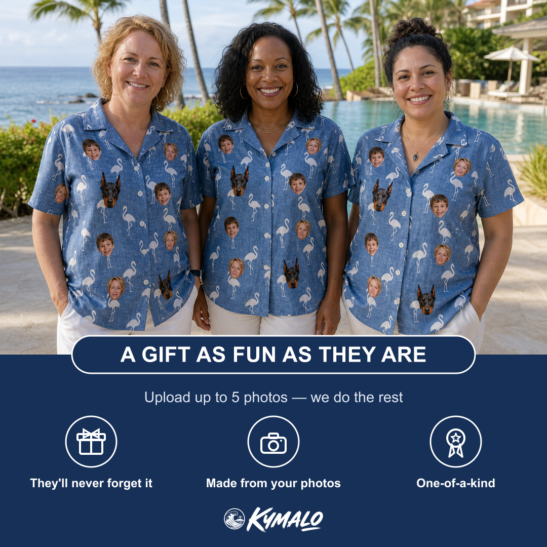 Friends in matching Women's Plume Parade Custom Face Hawaiian Shirt — a group gift photo