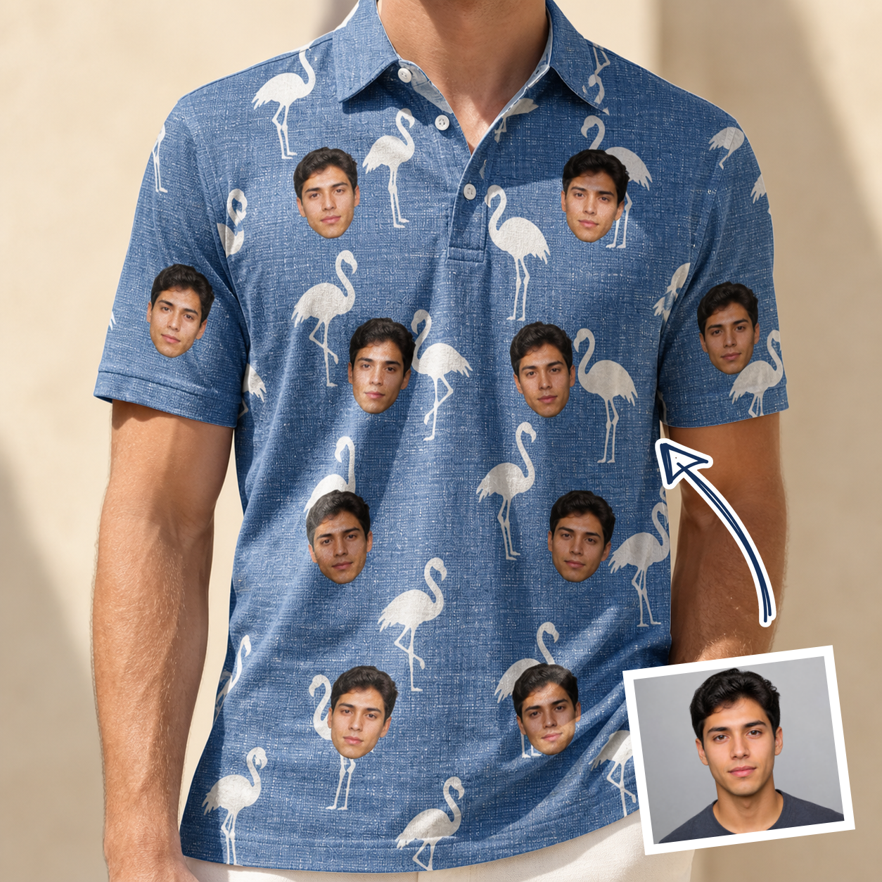 Man wearing Men's Plume Parade Custom Face Polo Shirt — custom faces printed all-over