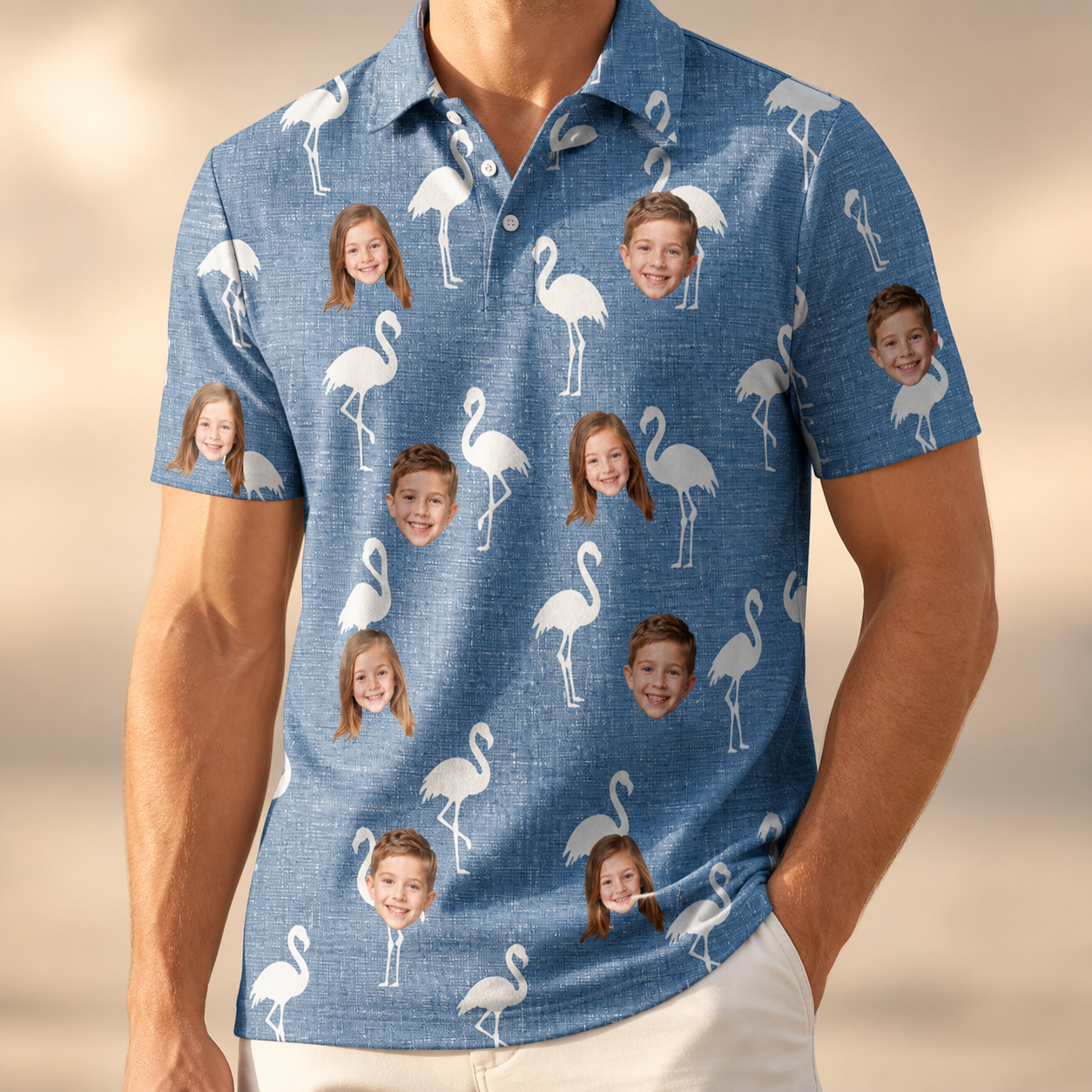 Model wearing Men's Plume Parade Custom Face Polo Shirt printed with kids' faces