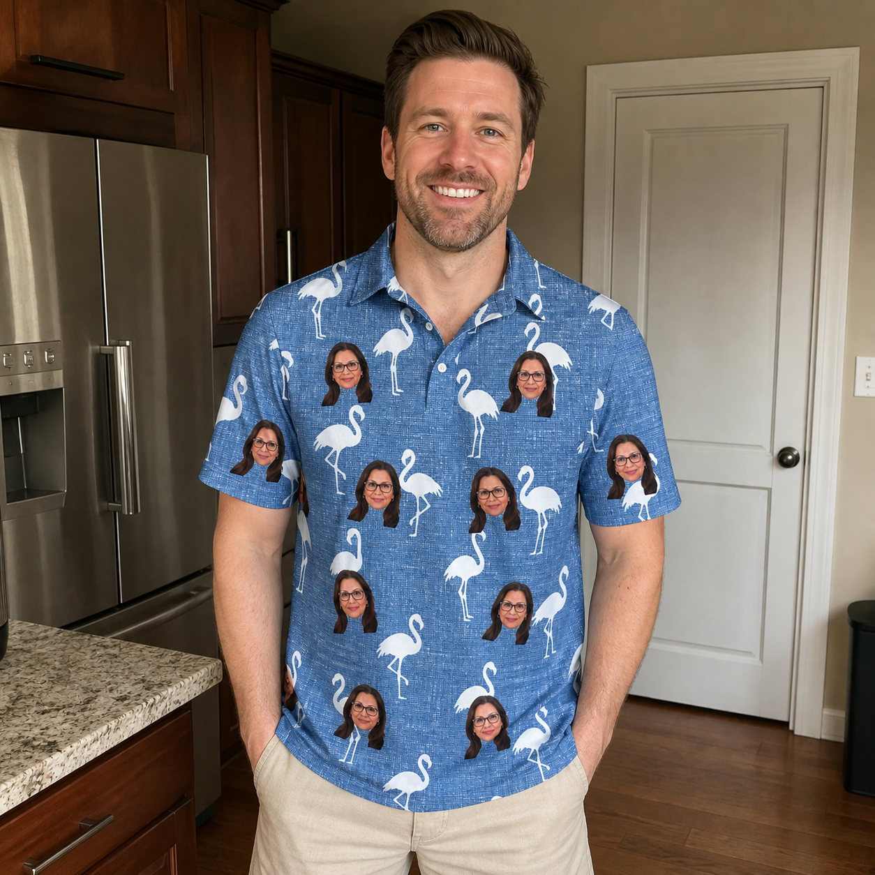 Real-life photo of someone wearing Men's Plume Parade Custom Face Polo Shirt — custom faces printed all-over