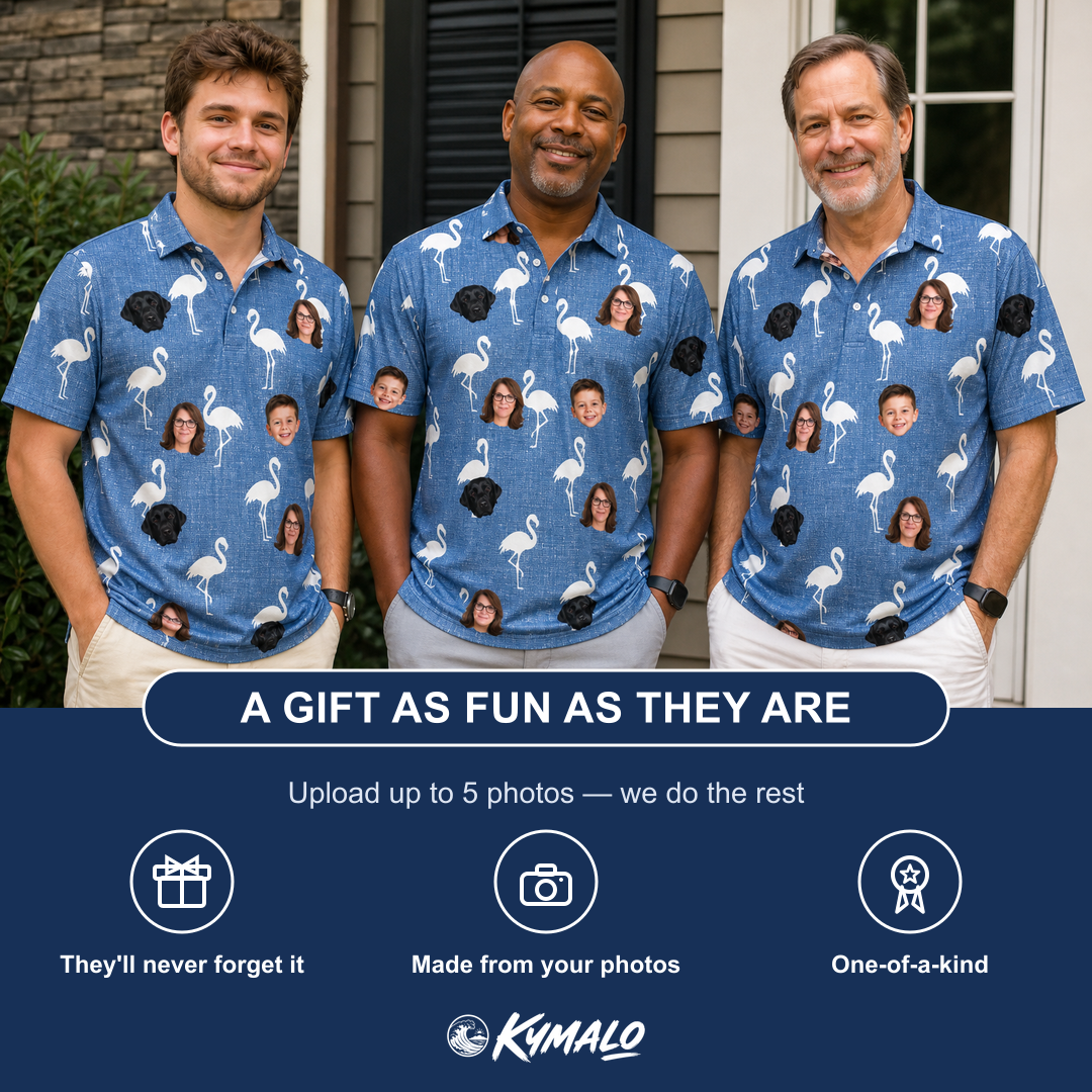 Friends in matching Men's Plume Parade Custom Face Polo Shirt — a group gift photo
