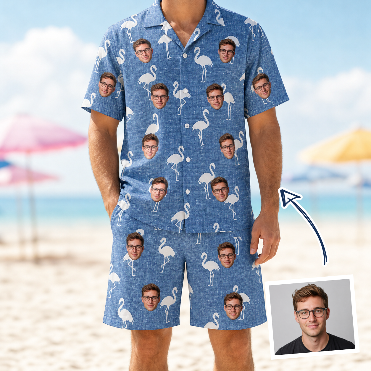 Man wearing Men's Plume Parade Custom Face Shirt & Shorts Set — custom faces printed all-over