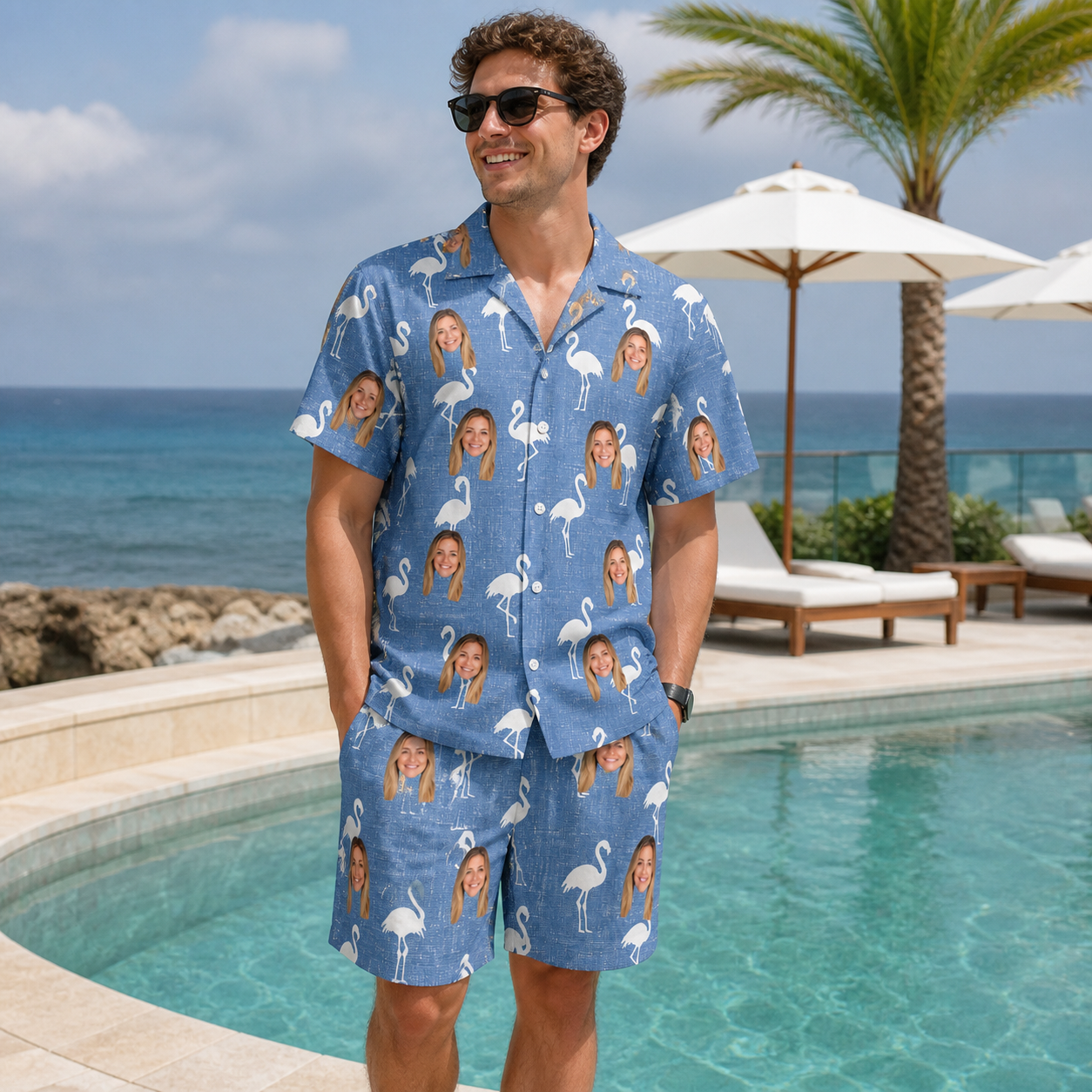 Real-life photo of someone wearing Men's Plume Parade Custom Face Shirt & Shorts Set — custom faces printed all-over
