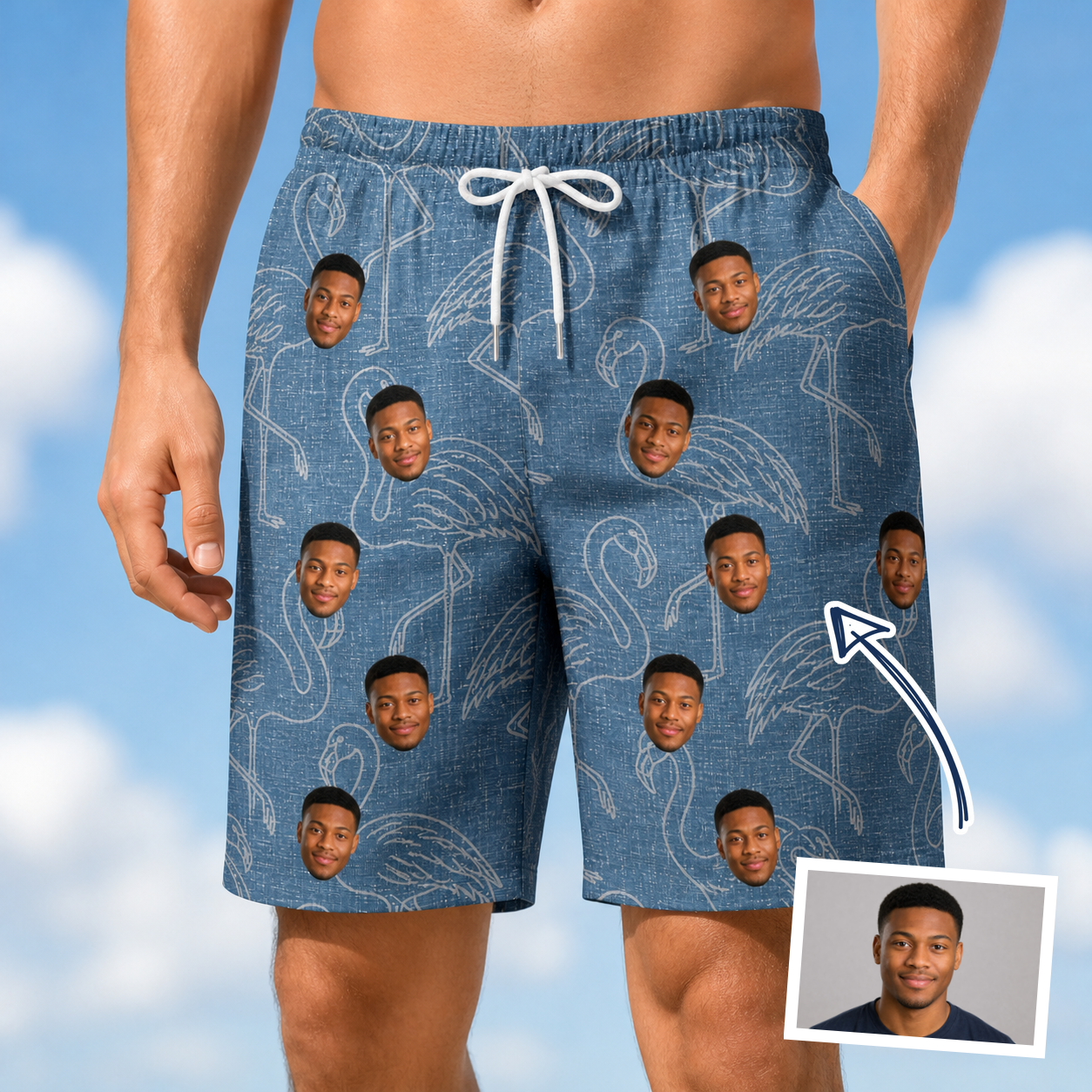 Man wearing Men's Magenta Mingle Custom Face Beach Shorts — custom faces printed all-over