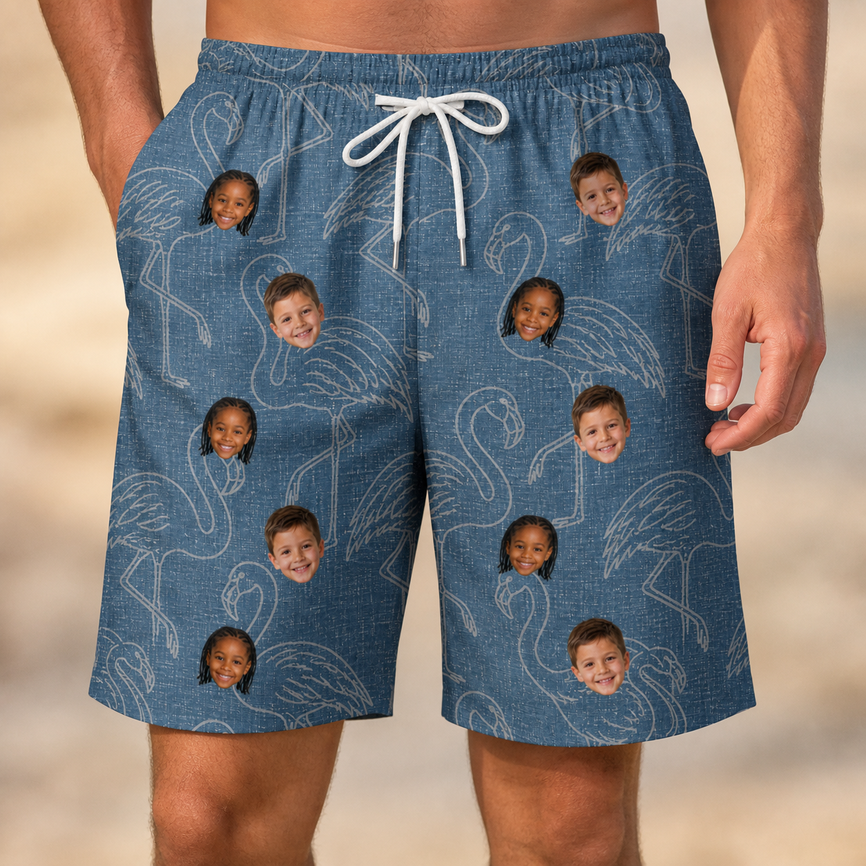Model wearing Men's Magenta Mingle Custom Face Beach Shorts printed with kids' faces
