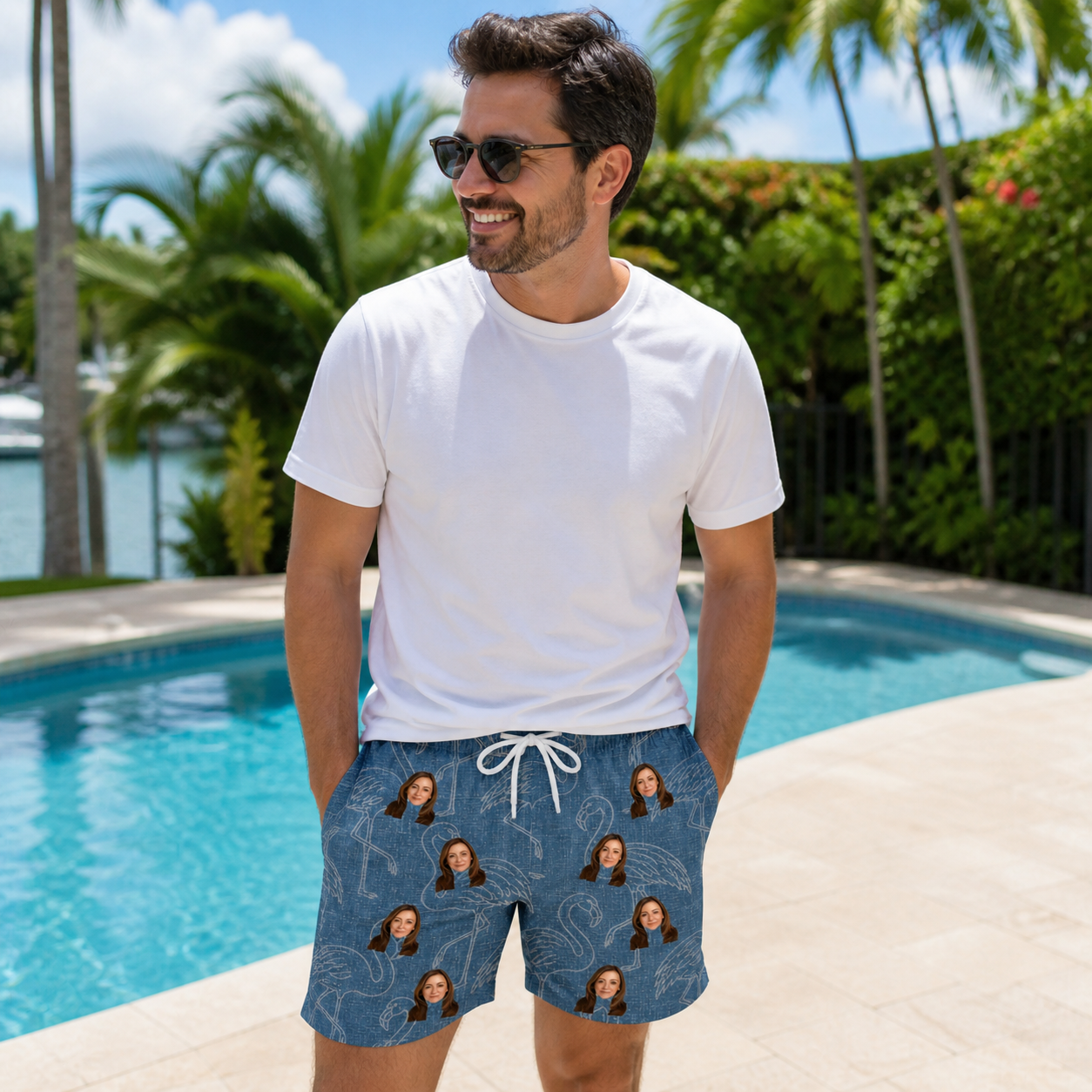 Real-life photo of someone wearing Men's Magenta Mingle Custom Face Beach Shorts — custom faces printed all-over
