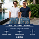 Friends in matching Men's Magenta Mingle Custom Face Beach Shorts — a group gift photo