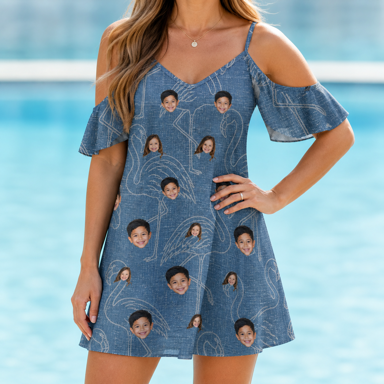 Model wearing Women's Magenta Mingle Custom Face Off-Shoulder Dress printed with kids' faces