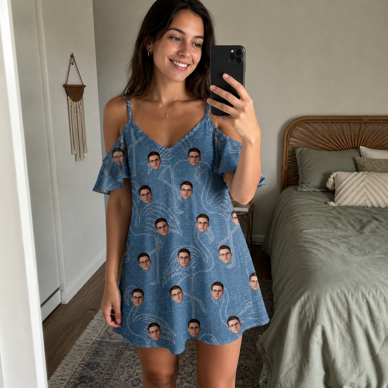 Real-life photo of someone wearing Women's Magenta Mingle Custom Face Off-Shoulder Dress — custom faces printed all-over