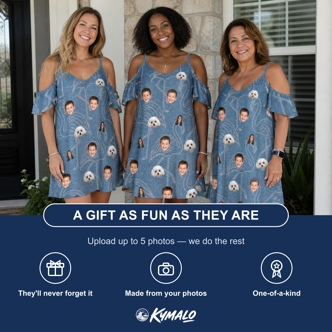 Friends in matching Women's Magenta Mingle Custom Face Off-Shoulder Dress — a group gift photo