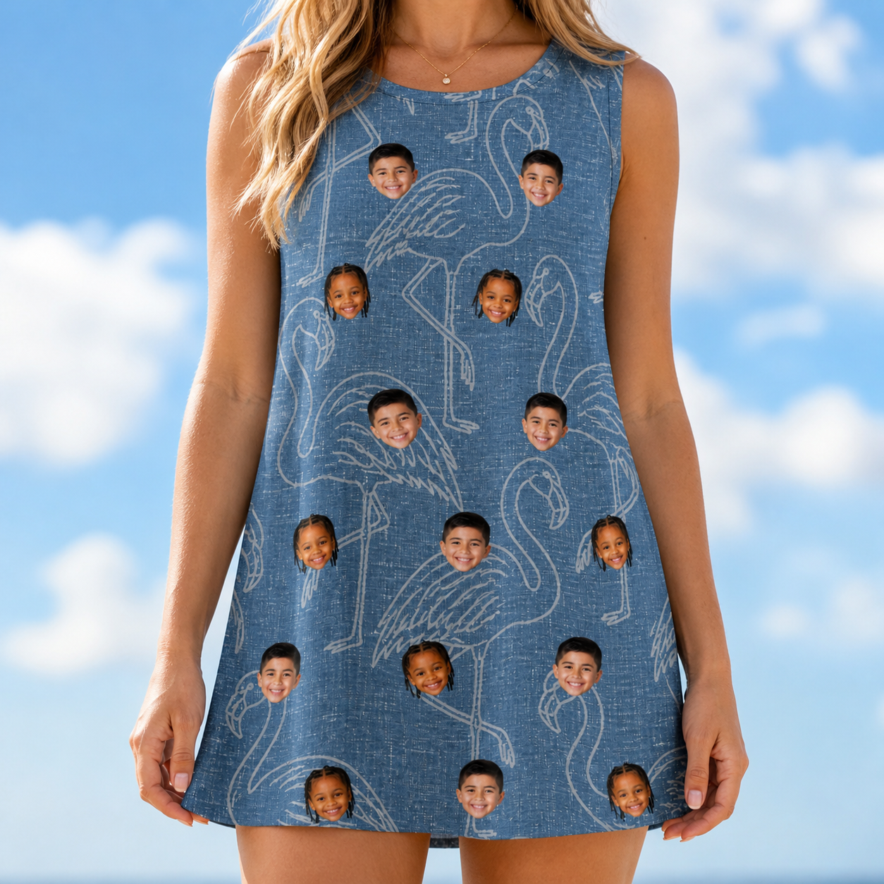 Model wearing Women's Magenta Mingle Custom Face Tank Dress printed with kids' faces
