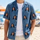 Man wearing Men's Magenta Mingle Custom Face Hawaiian Shirt open over a white tee