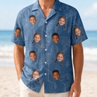 Model wearing Men's Magenta Mingle Custom Face Hawaiian Shirt printed with kids' faces
