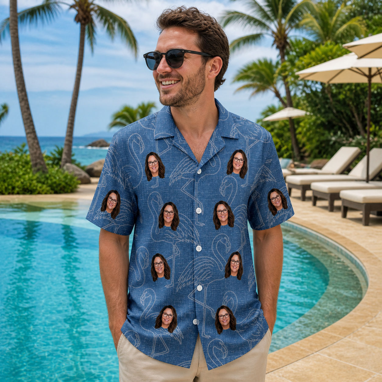 Real-life photo of someone wearing Men's Magenta Mingle Custom Face Hawaiian Shirt — custom faces printed all-over