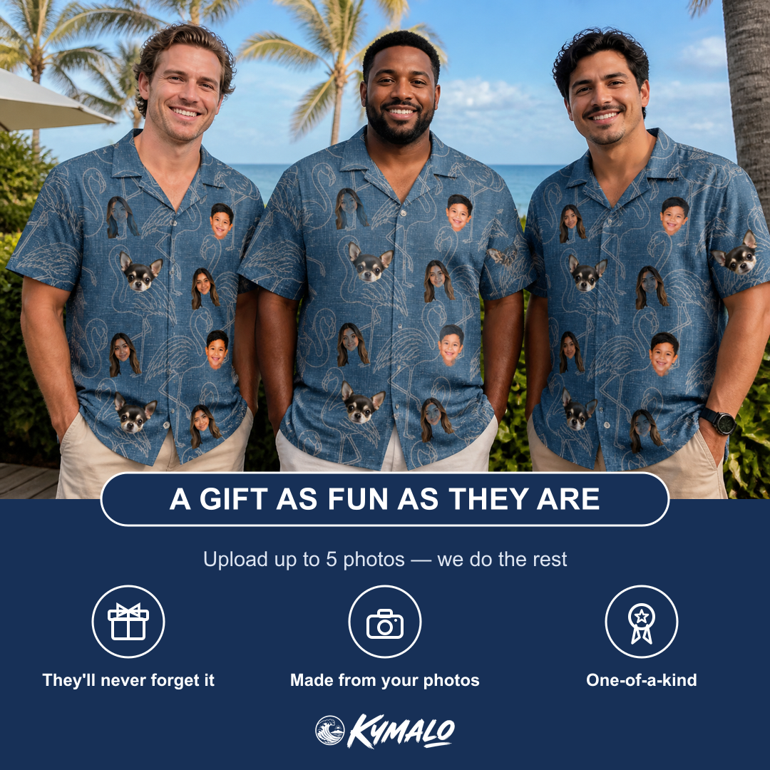 Friends in matching Men's Magenta Mingle Custom Face Hawaiian Shirt — a group gift photo