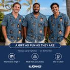 Friends in matching Men's Magenta Mingle Custom Face Hawaiian Shirt — a group gift photo