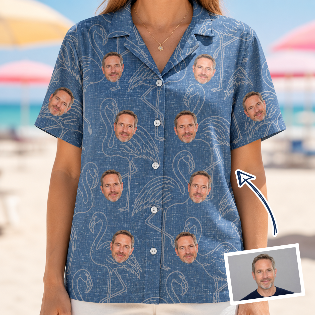 Woman wearing Women's Magenta Mingle Custom Face Hawaiian Shirt — custom faces printed all-over