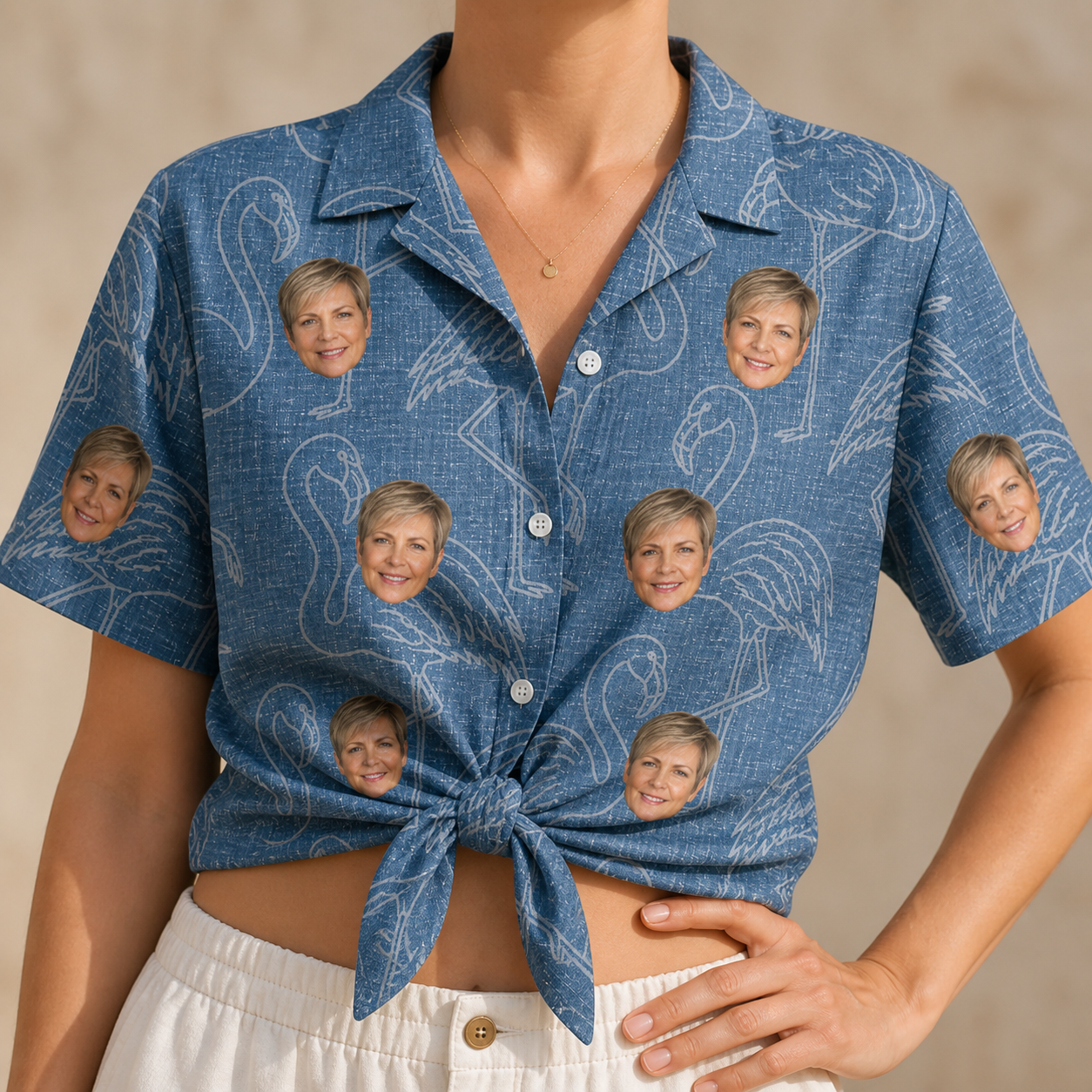 Woman wearing Women's Magenta Mingle Custom Face Hawaiian Shirt tied at the waist