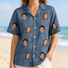 Model wearing Women's Magenta Mingle Custom Face Hawaiian Shirt printed with kids' faces