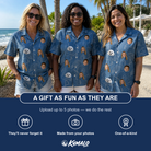 Friends in matching Women's Magenta Mingle Custom Face Hawaiian Shirt — a group gift photo