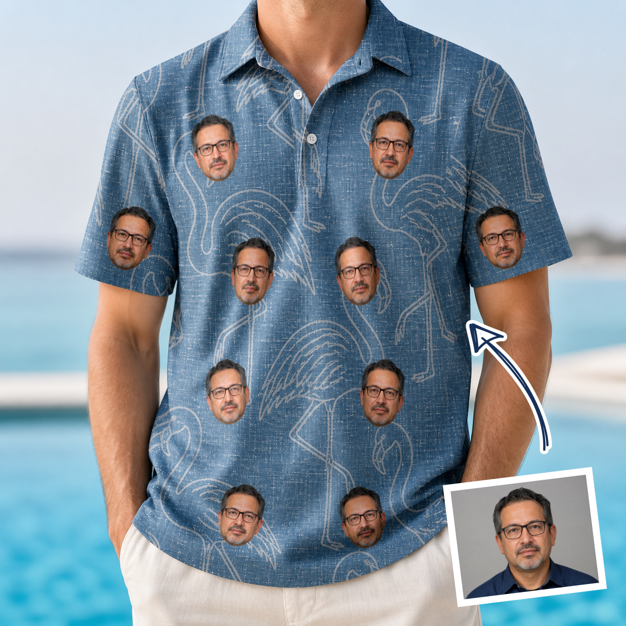 Man wearing Men's Magenta Mingle Custom Face Polo Shirt — custom faces printed all-over