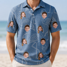 Model wearing Men's Magenta Mingle Custom Face Polo Shirt printed with kids' faces