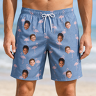 Model wearing Men's Flamingo Fever Custom Face Beach Shorts printed with kids' faces