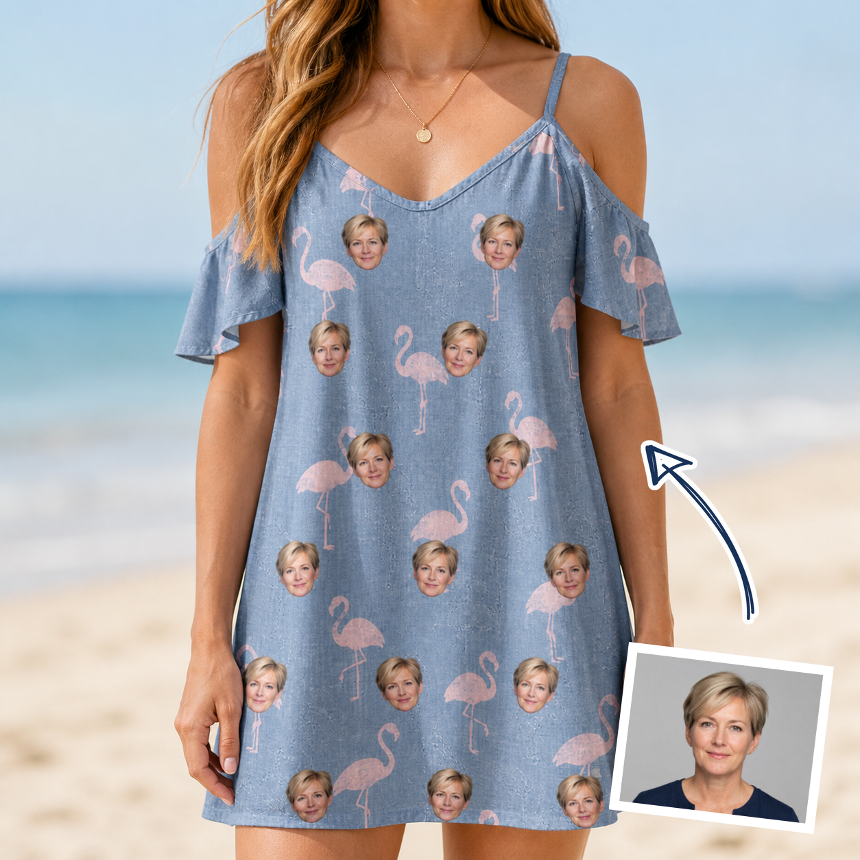 Woman wearing Women's Flamingo Fever Custom Face Off-Shoulder Dress — custom faces printed all-over