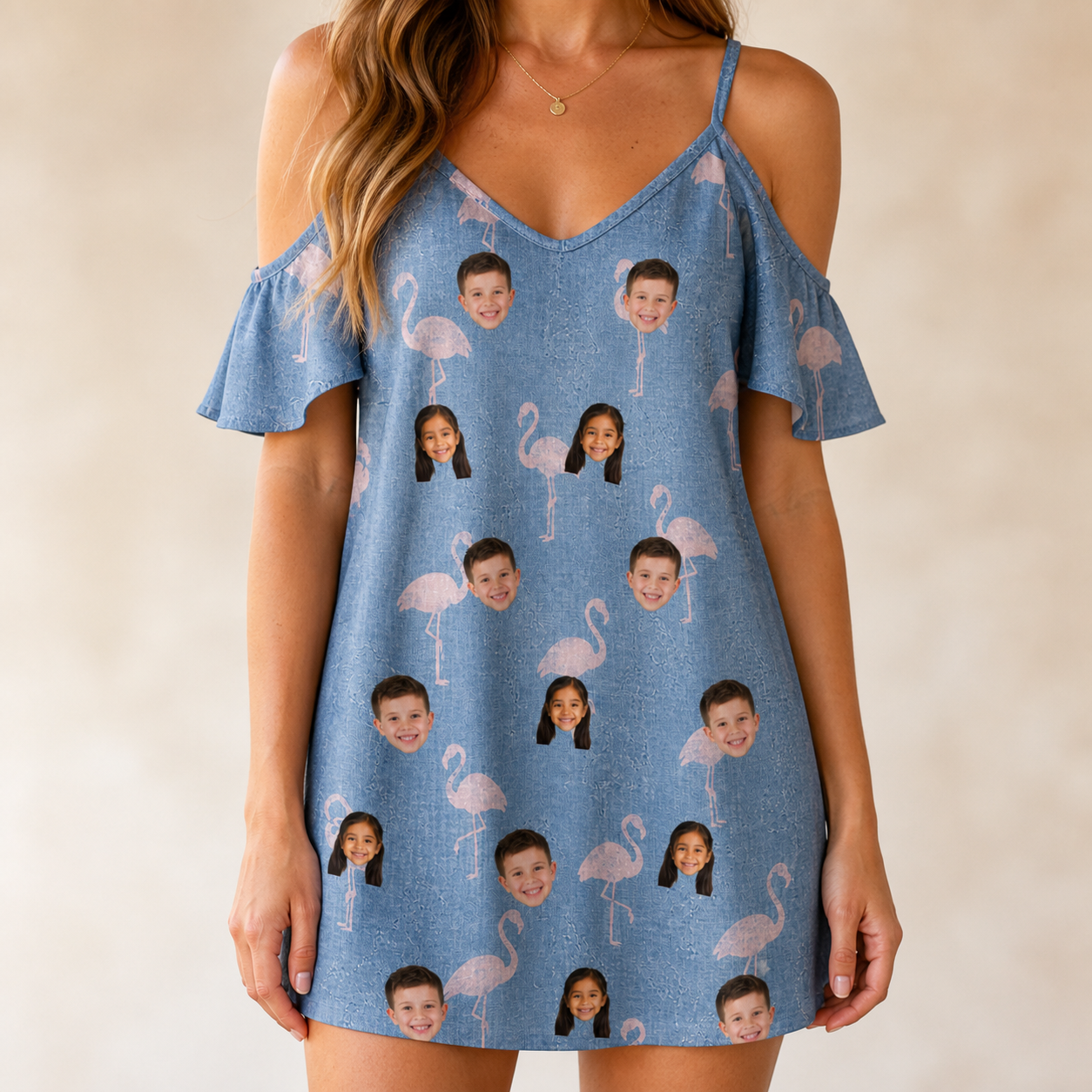 Model wearing Women's Flamingo Fever Custom Face Off-Shoulder Dress printed with kids' faces