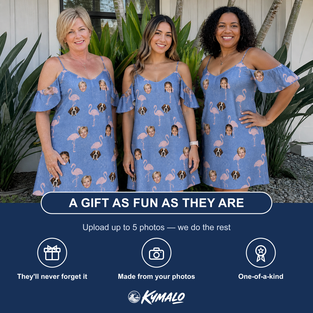 Friends in matching Women's Flamingo Fever Custom Face Off-Shoulder Dress — a group gift photo