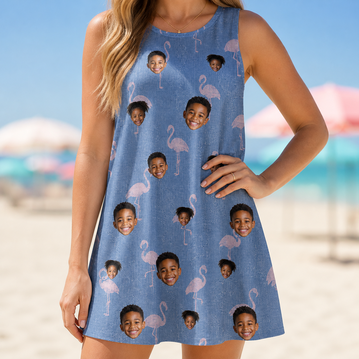 Model wearing Women's Flamingo Fever Custom Face Tank Dress printed with kids' faces