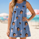 Model wearing Women's Flamingo Fever Custom Face Tank Dress printed with kids' faces