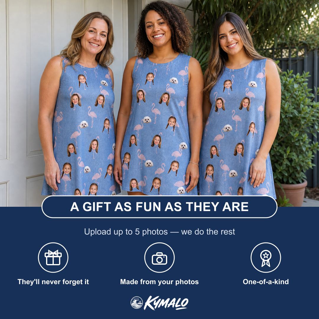 Friends in matching Women's Flamingo Fever Custom Face Tank Dress — a group gift photo
