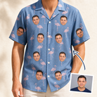 Man wearing Men's Flamingo Fever Custom Face Hawaiian Shirt — custom faces printed all-over