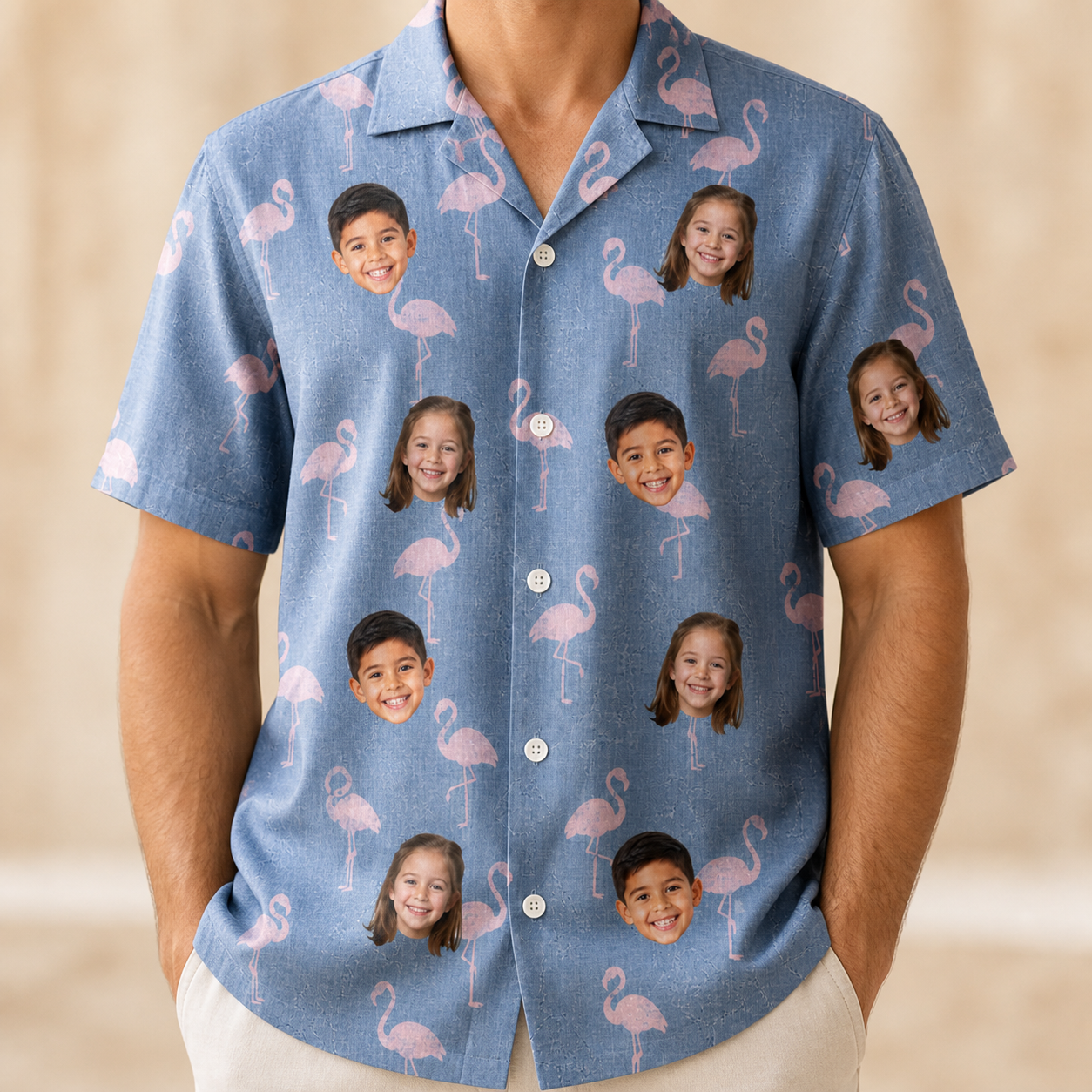 Model wearing Men's Flamingo Fever Custom Face Hawaiian Shirt printed with kids' faces