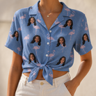 Woman wearing Women's Flamingo Fever Custom Face Hawaiian Shirt tied at the waist