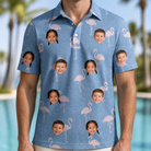 Model wearing Men's Flamingo Fever Custom Face Polo Shirt printed with kids' faces