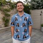 Real-life photo of someone wearing Men's Flamingo Fever Custom Face Polo Shirt — custom faces printed all-over