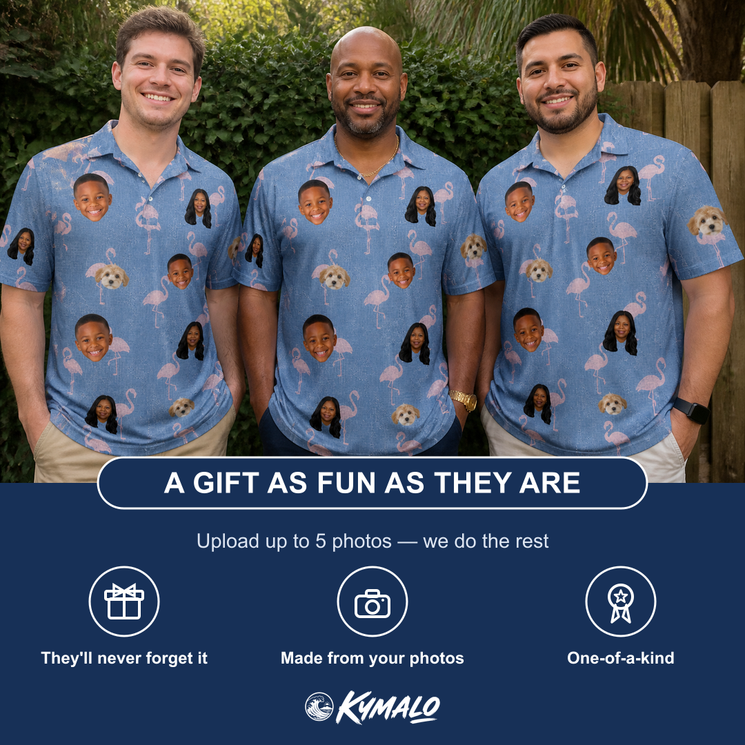 Friends in matching Men's Flamingo Fever Custom Face Polo Shirt — a group gift photo